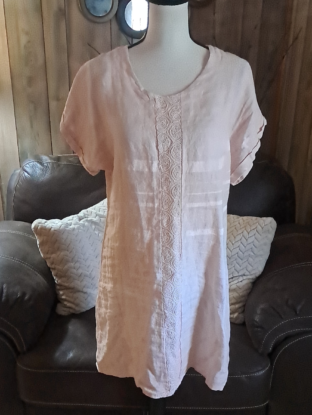 Valentina Naldi Classic Pale Pink Linen Dress Embroidered Trim Made In Italy